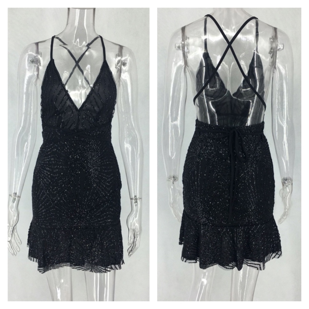 Deep V Backless Black Mini Dress with Glitter - Picture 4 of 8